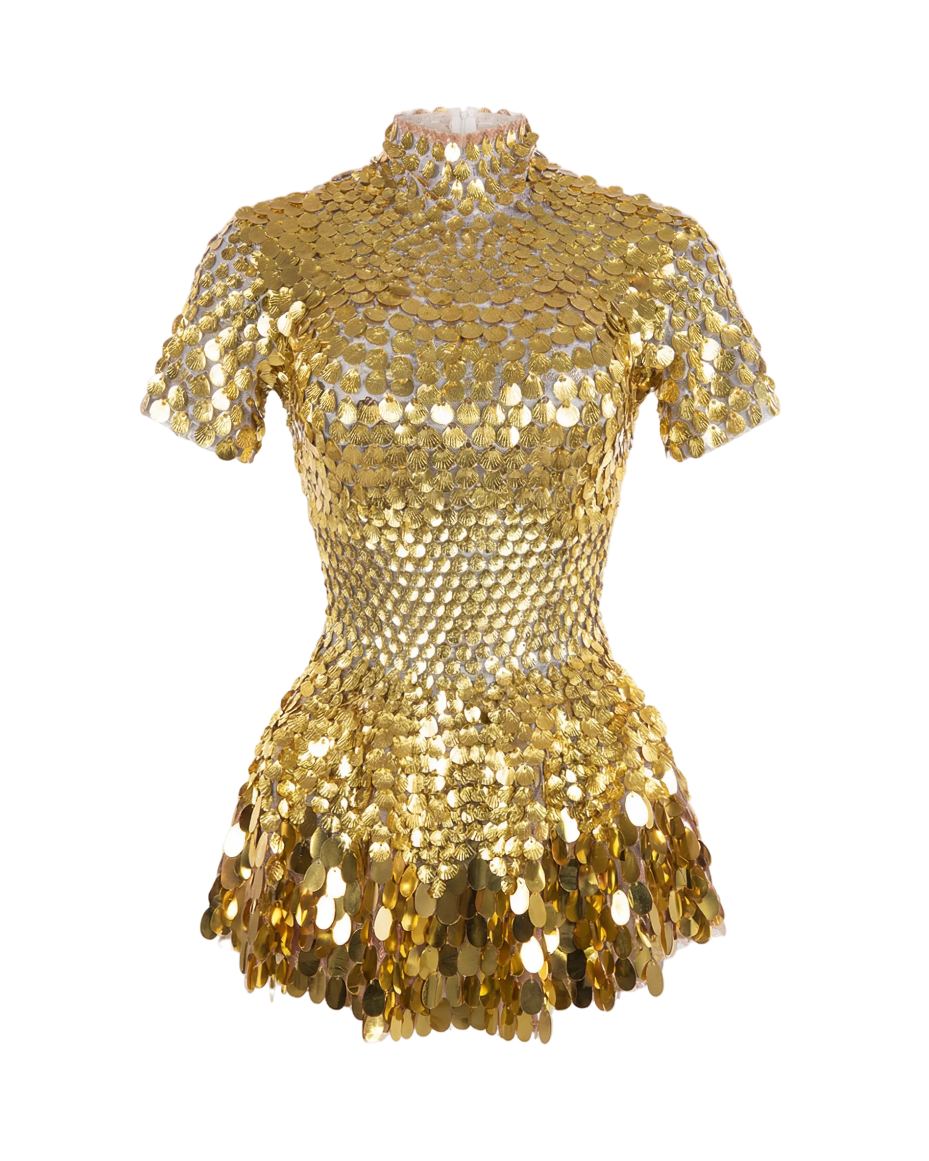 Gold metallic sequin party dress with a turtleneck, short sleeves, and shell-shaped sequins.