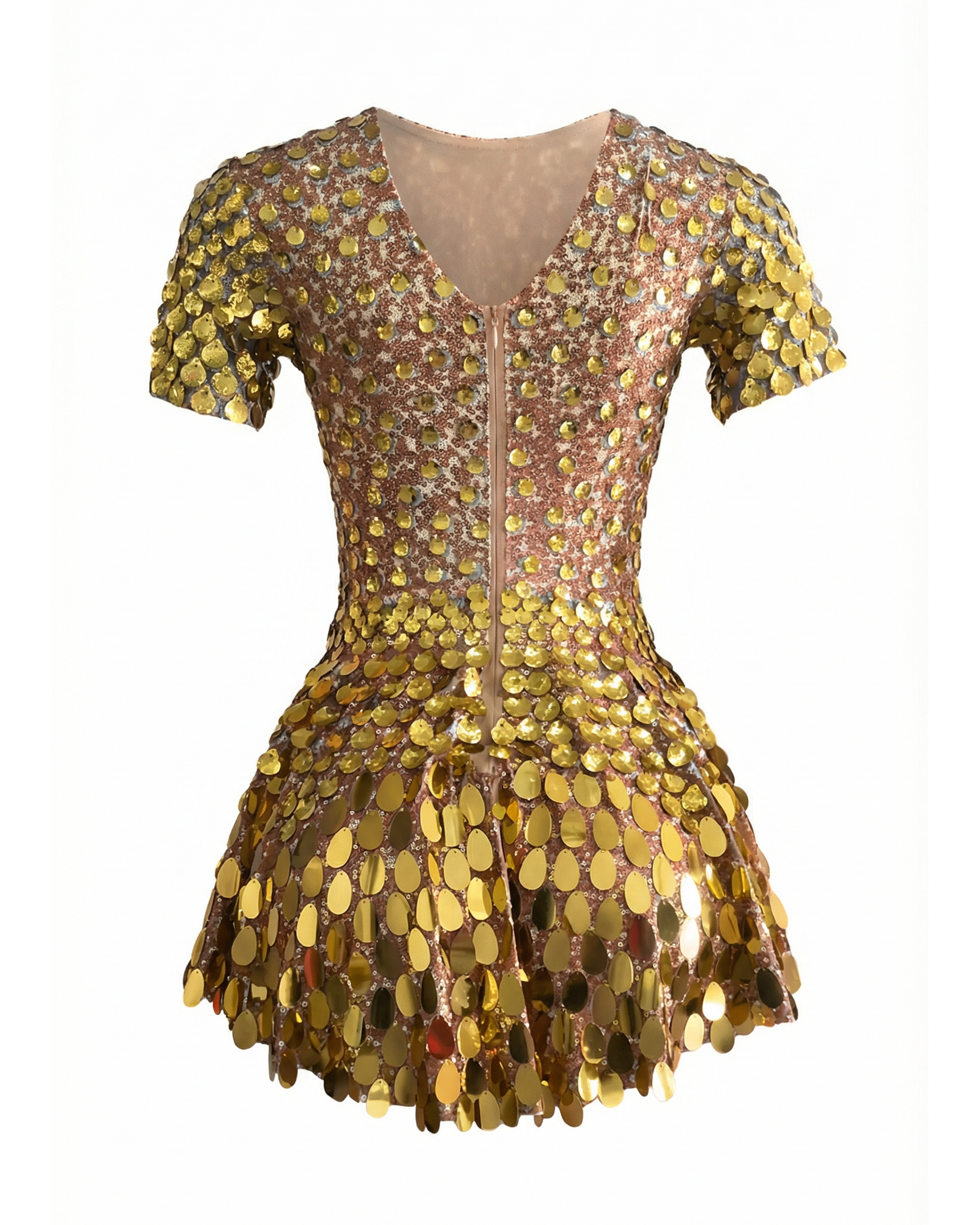 Gold metallic sequin party dress with V-neck, short sleeves, and a front zipper closure.