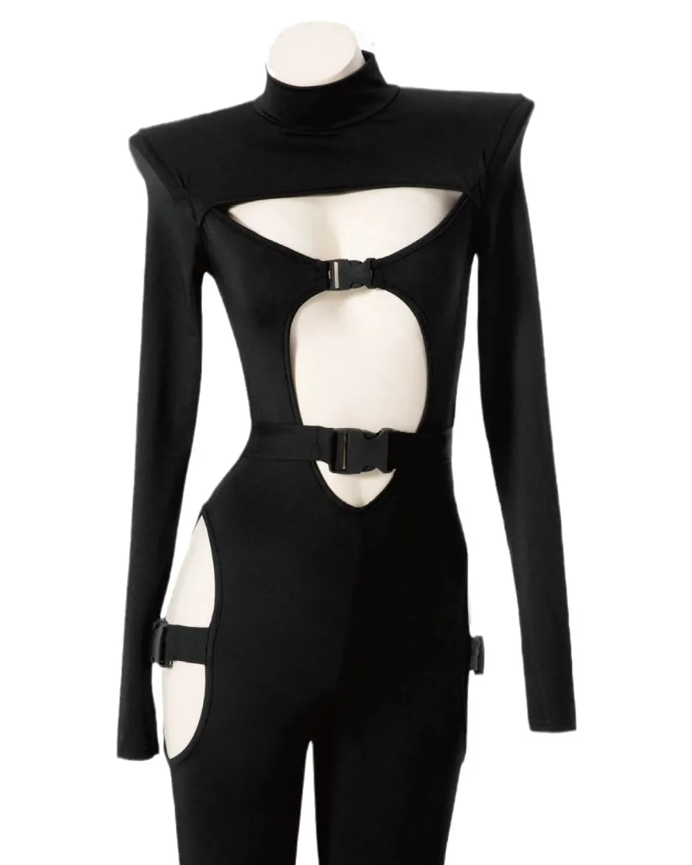 Body de estilo gótico cibernético negro sexy con detalles recortados y acentos de hebilla para declaraciones de moda audaces.