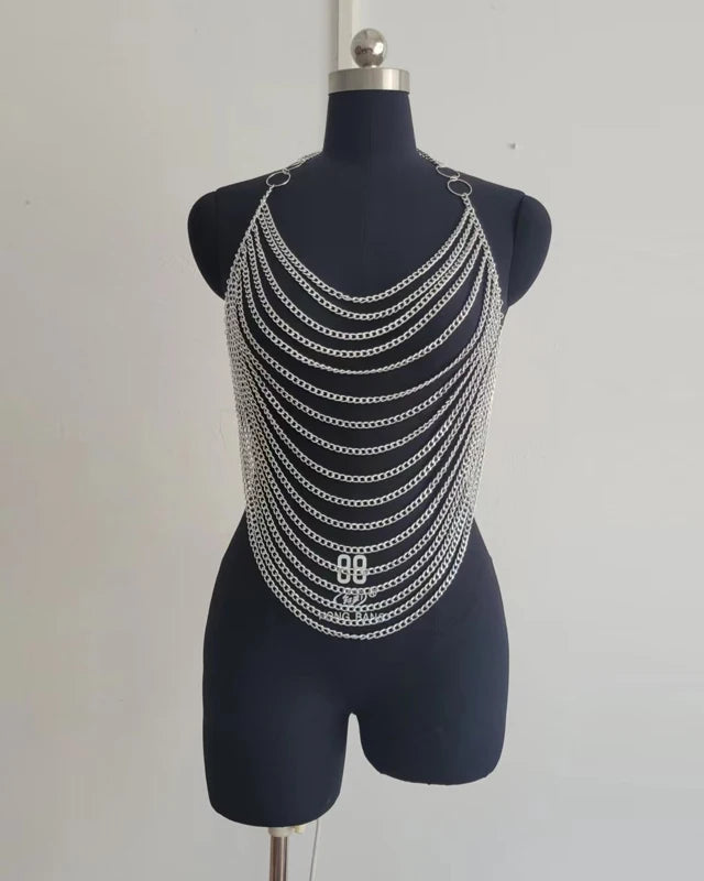 Metal Chain Tank Top featuring a sleek layered design ideal for festivals and rave outfits.
