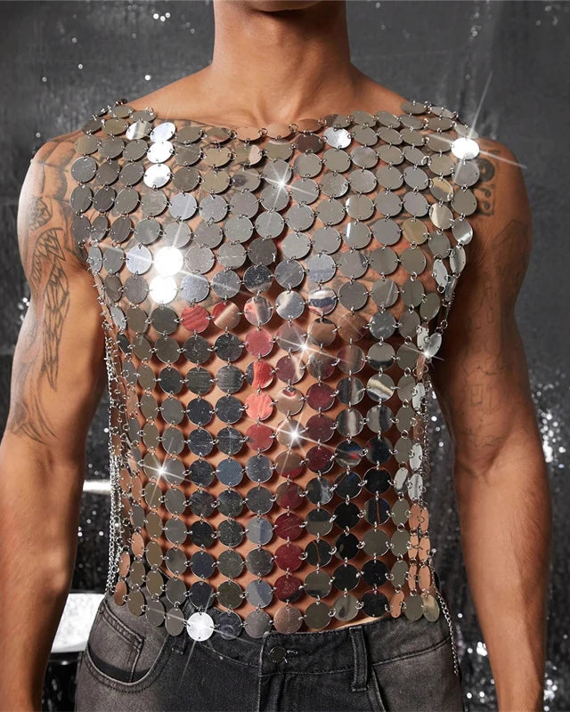 Men's silver mirror disc chain vest, handmade with interlocking reflective discs and open chain sides.