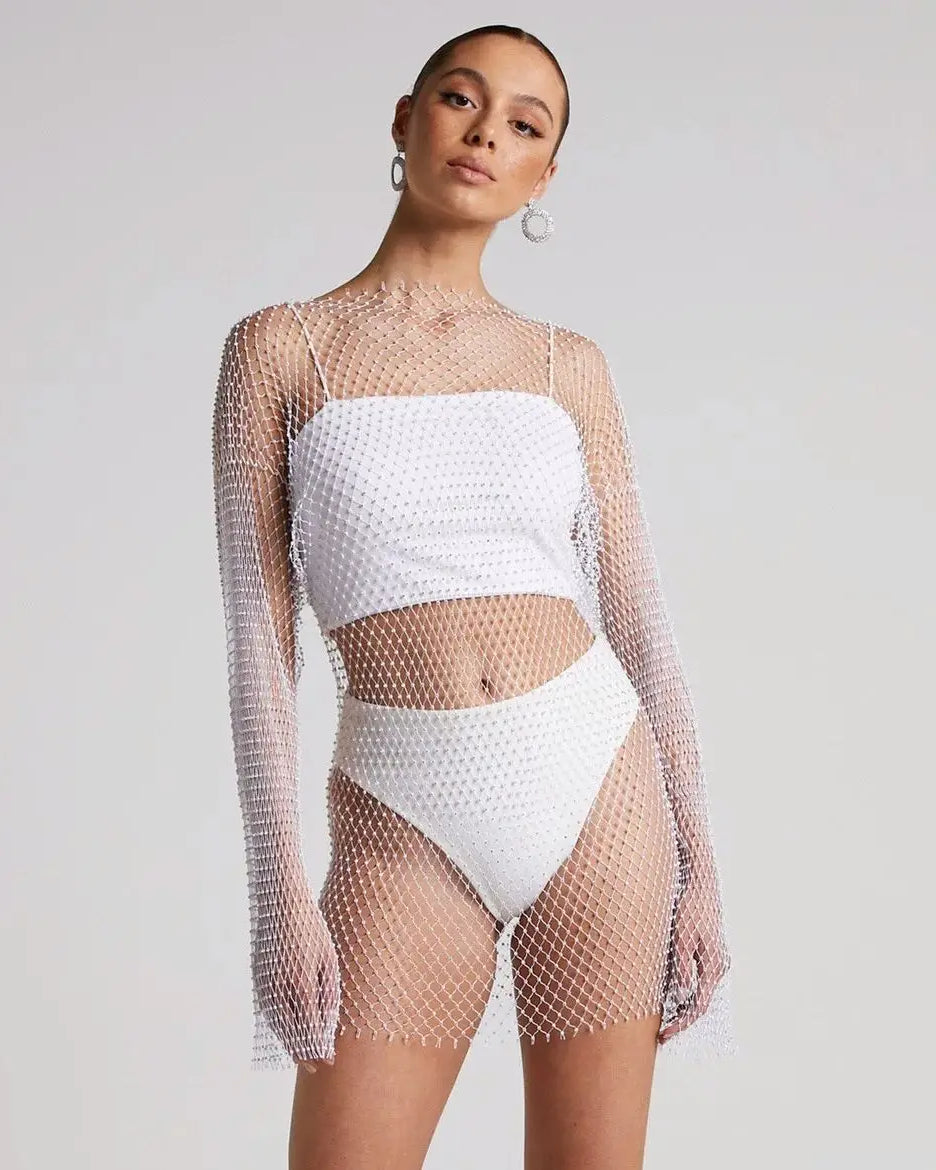 One Size White Fishnet Dress with Rhinestone Diamonds
