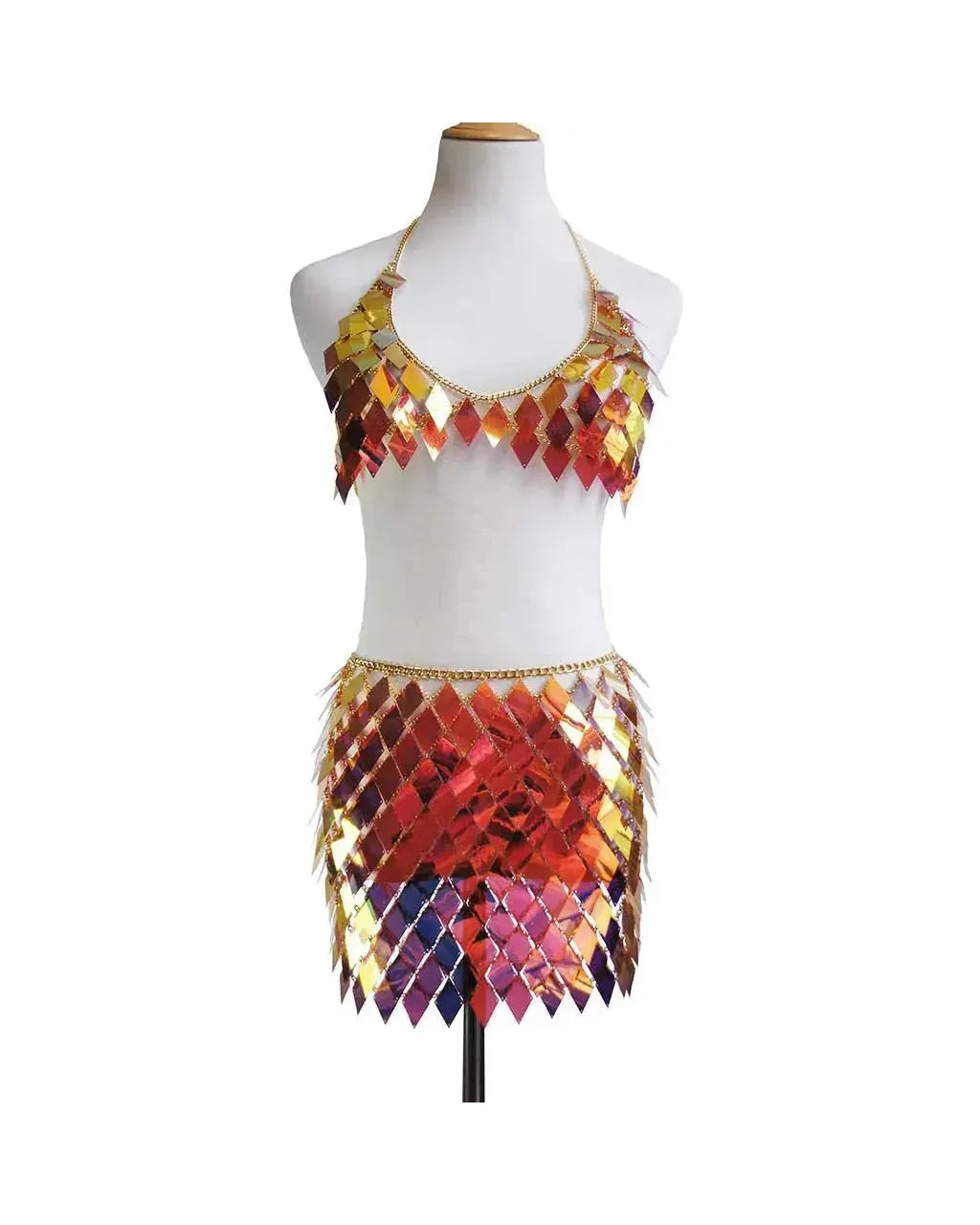 Rhombic Metal Backless Skirt and Top Set with colorful sequins, perfect for festivals and raves.