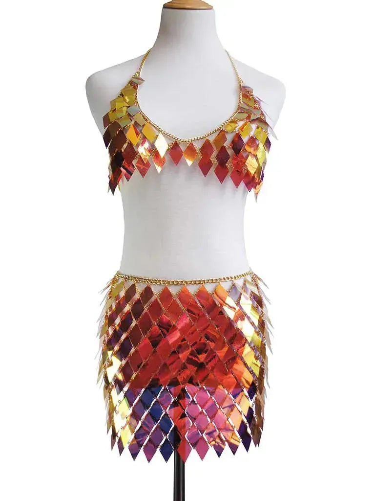 Orange Rhombic Metal Backless Skirt and Top Set