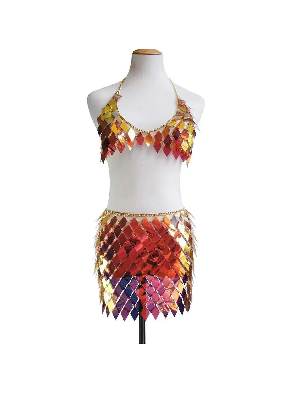 Rhombic Metal Backless Skirt and Top Set with colorful sequins, perfect for festivals and raves.