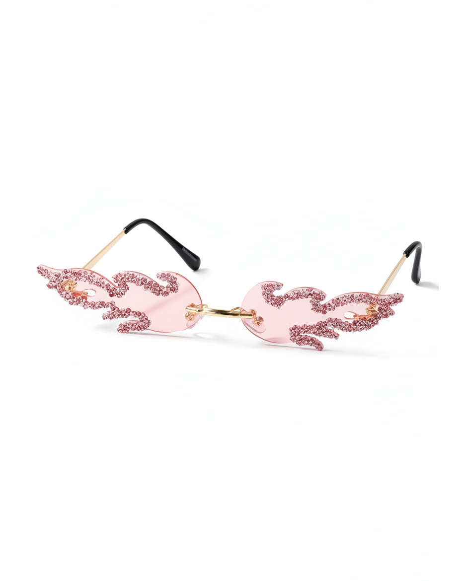 Pink Luna Flame Crystal Rimless Sunglasses with flame-shaped crystal embellishments and gold arms.