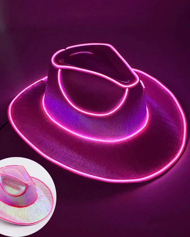 Neon Rancher Cowboy Hat glowing in vibrant pink, perfect for festivals and stylish outfits.
