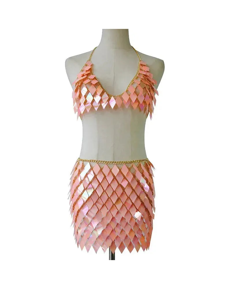 Rhombic Metal Backless Skirt and Top Set featuring sequin design for festival fashion.