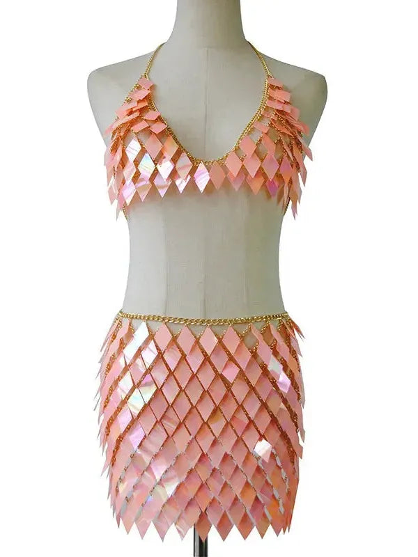 Pink Rhombic Metal Backless Skirt and Top Set