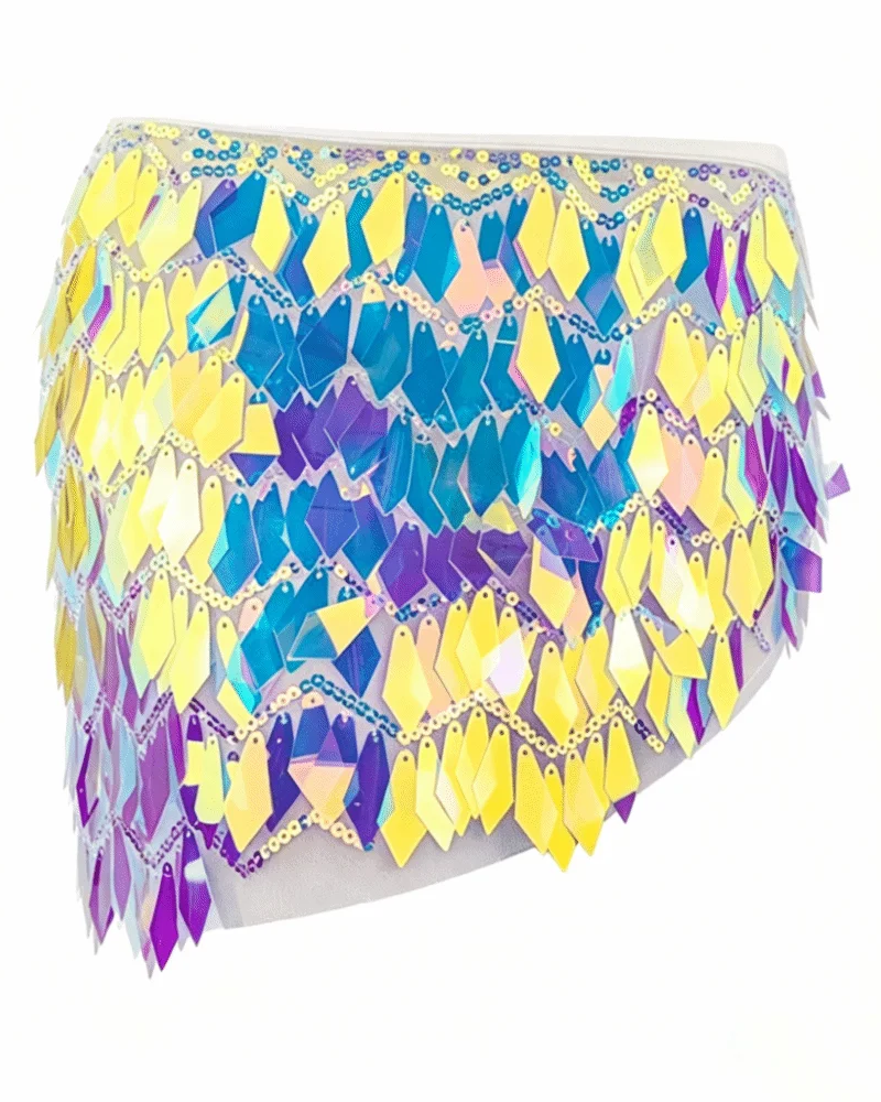 Vera mini skirt featuring iridescent diamond-shaped sequins, metal chain accents, and a stretch elastic waist.