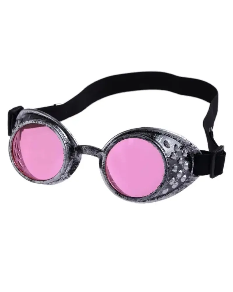 Vintage steampunk goggles with distressed silver frames, pink lenses, and a black adjustable elastic strap.