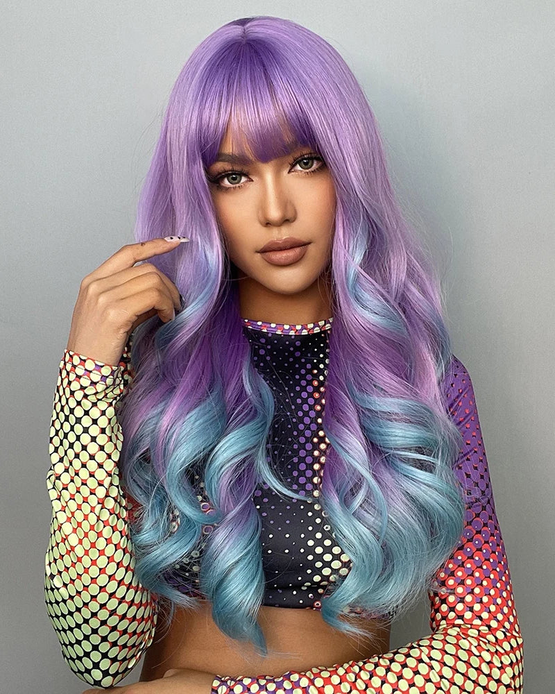 Cosplay Long Synthetic Wig in purple and blue with curls, perfect for festivals and cosplay events.