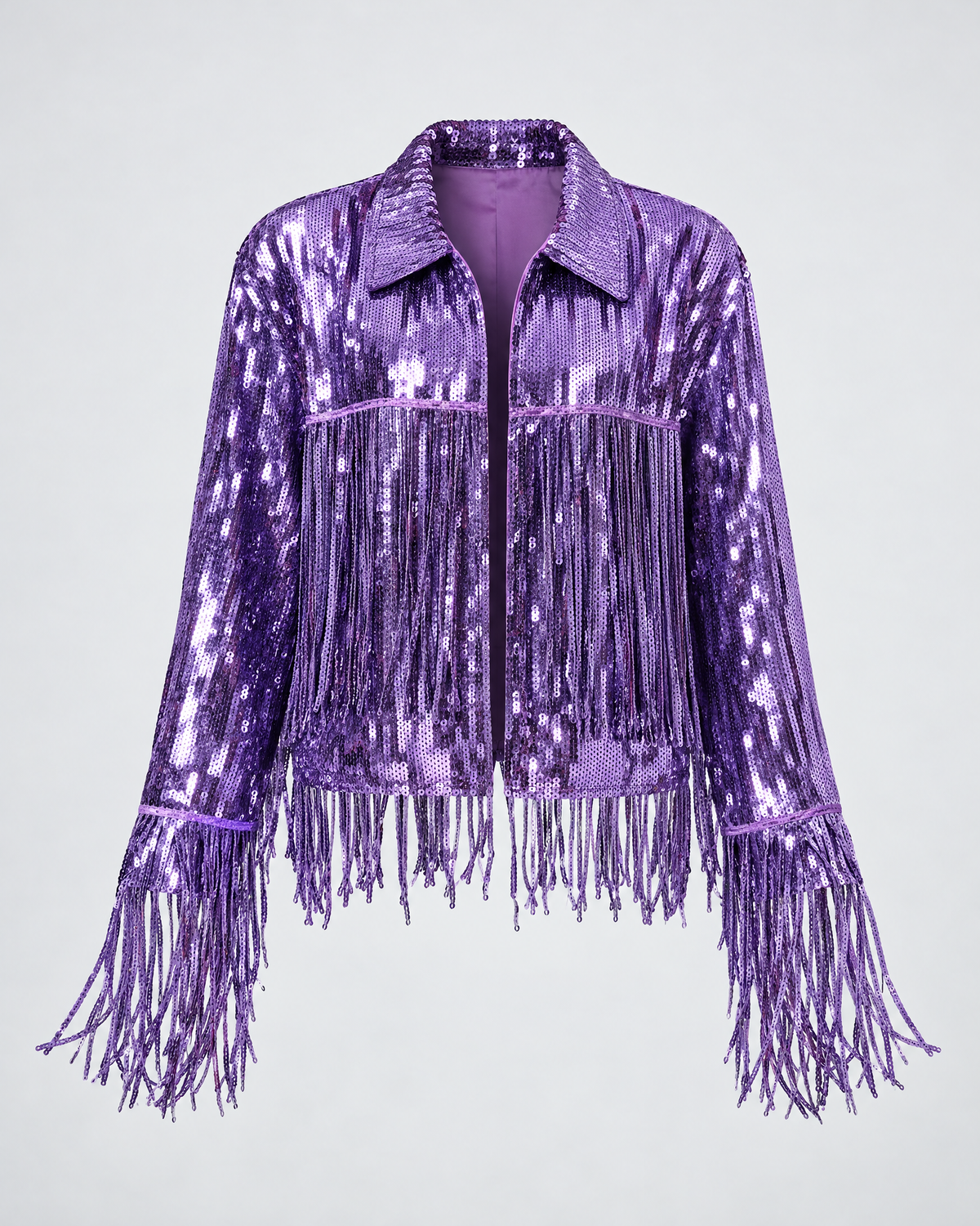 Purple metallic sequin jacket featuring a classic collar and long fringe trim on the bodice and sleeves.
