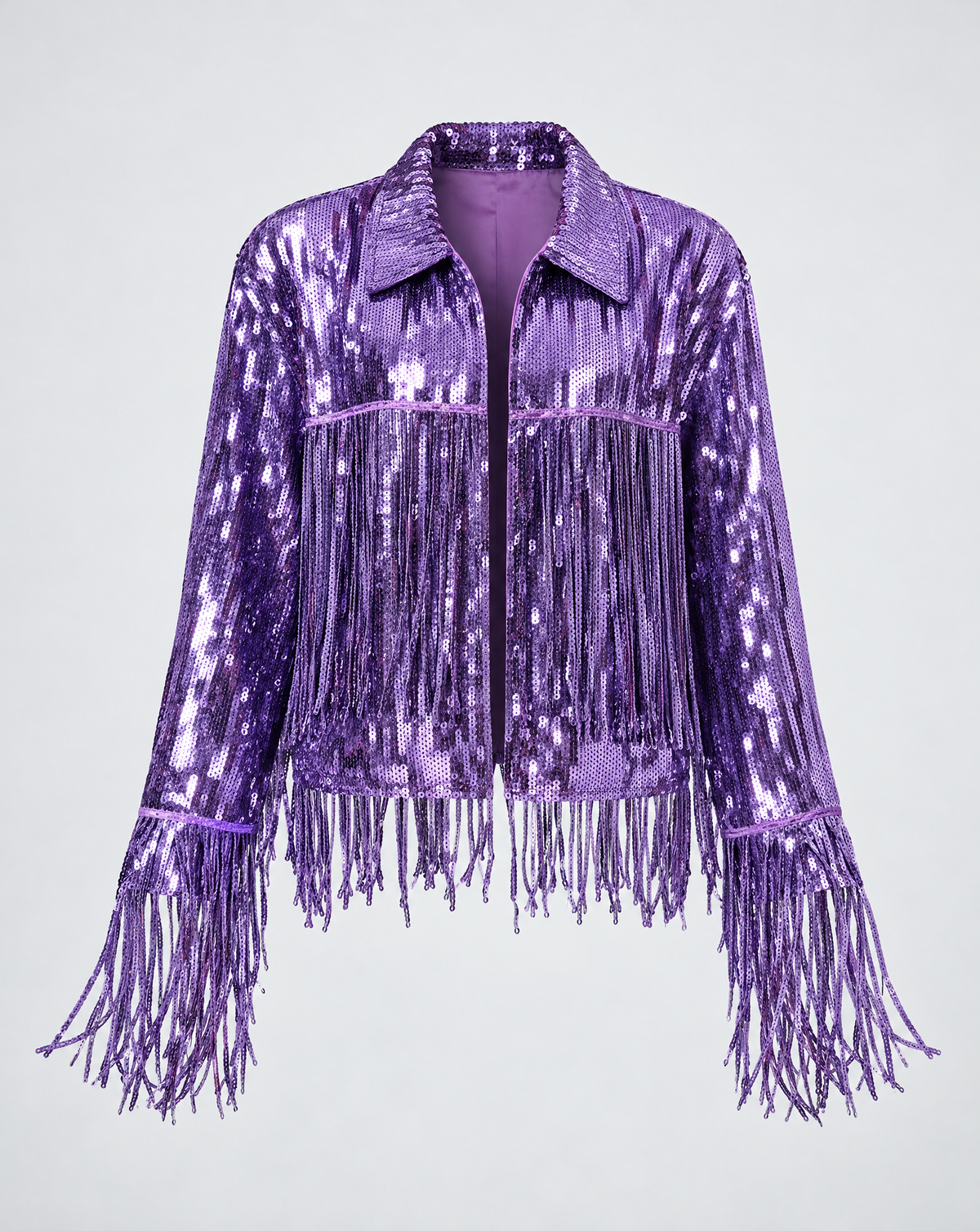 Purple metallic sequin jacket featuring a classic collar and long fringe trim on the bodice and sleeves.