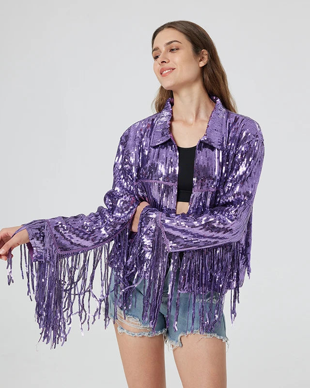 Purple metallic sequin jacket with long fringe trim, featuring a button-down collar and lightweight polyester construction.