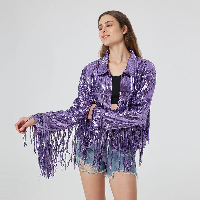 Purple metallic sequin jacket with long fringe trim, featuring a button-down collar and lightweight polyester construction.