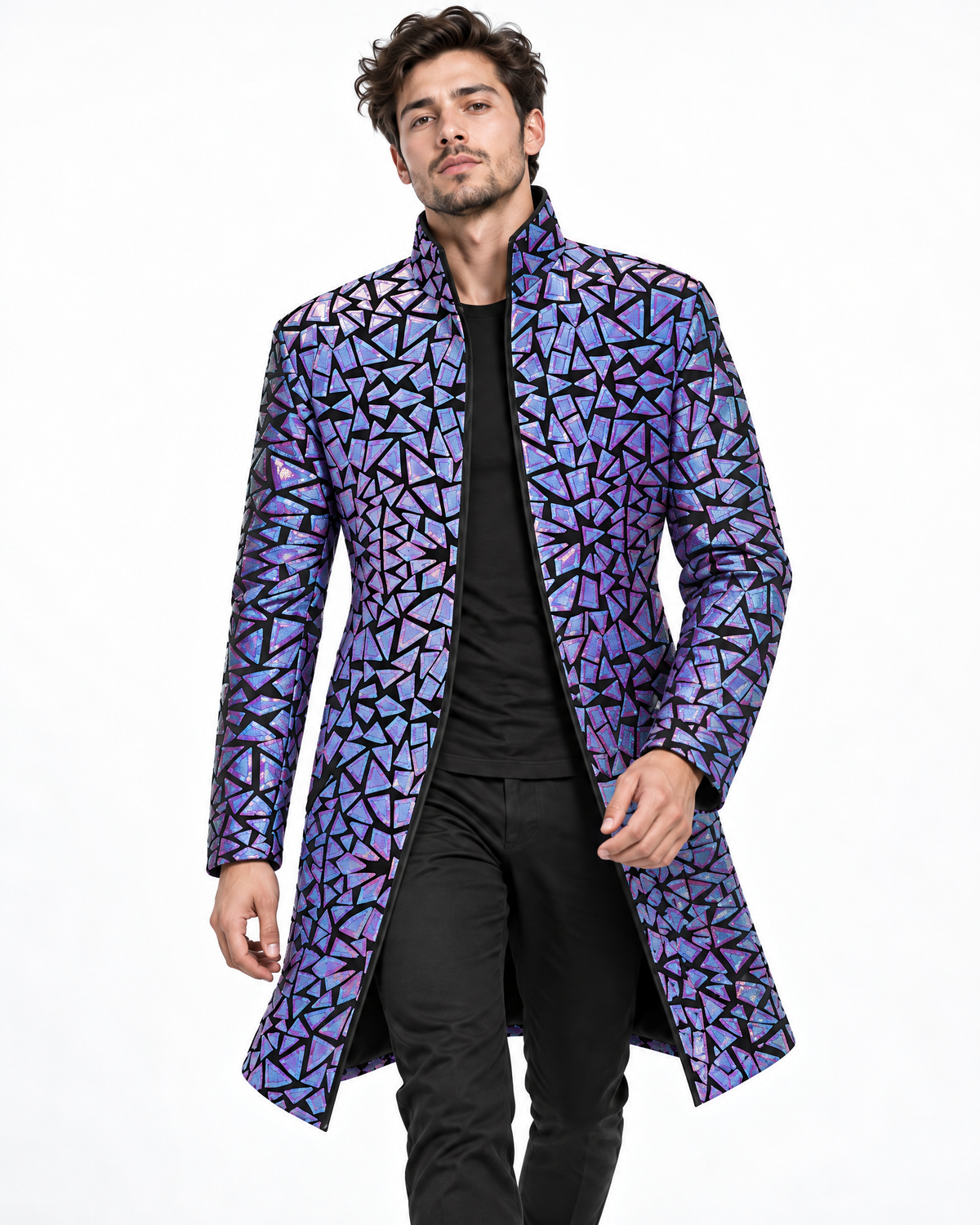 Purple velvet jacket featuring geometric holographic mirror panels and a structured high collar worn over black clothing.