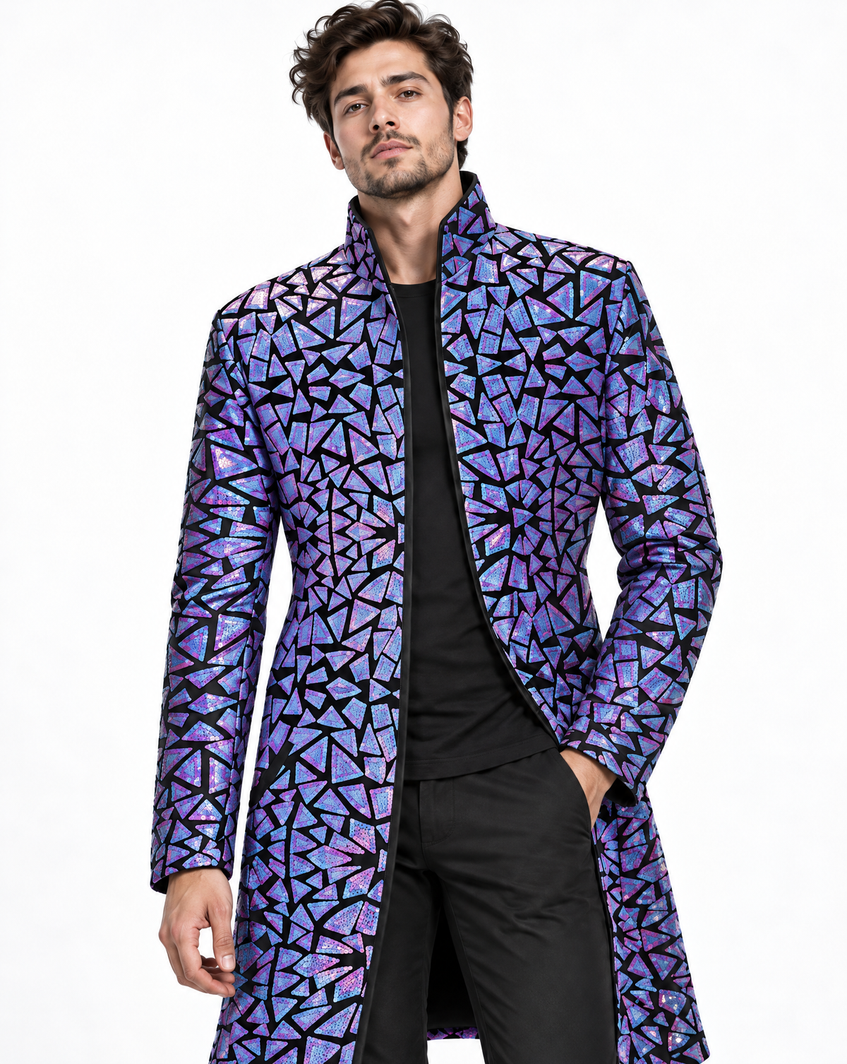 Purple velvet jacket featuring geometric holographic mirror panels, a high collar, and a structured architectural silhouette.