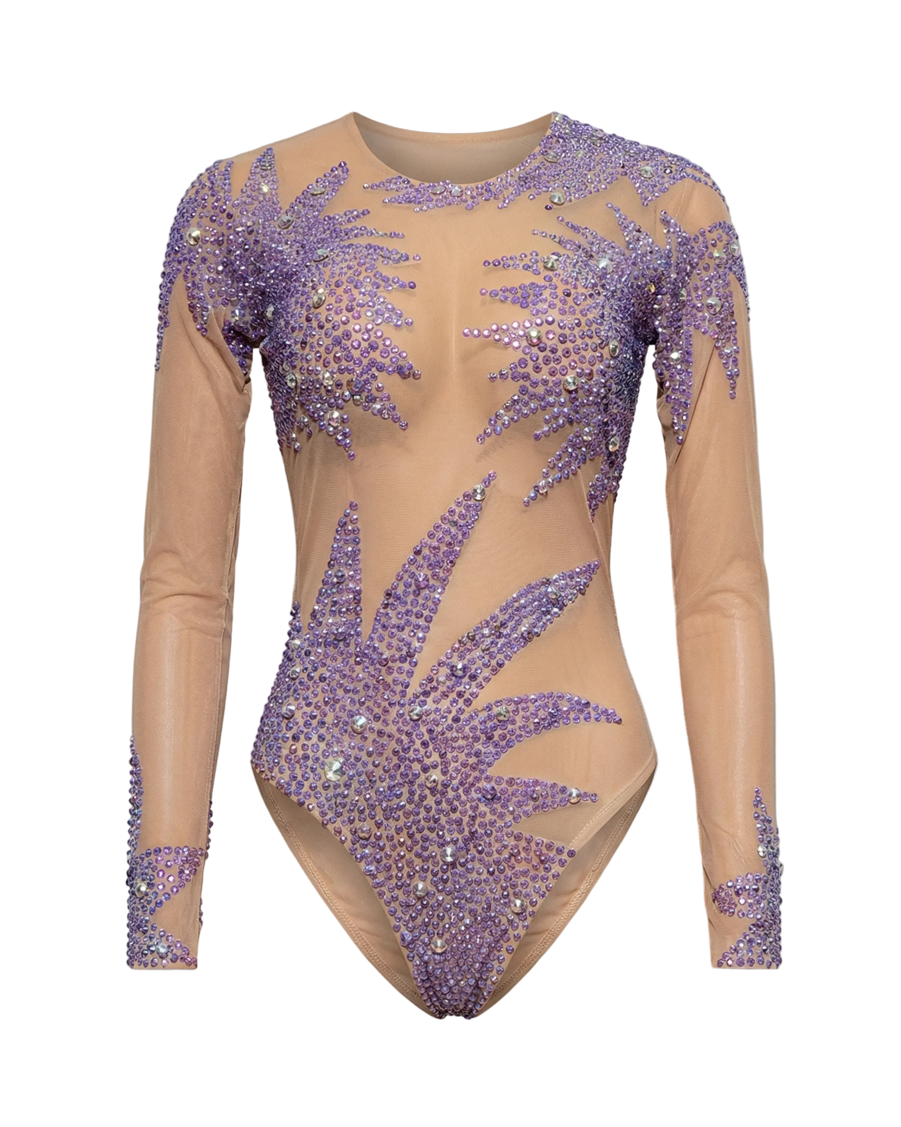 purple star mesh bodysuit close-up view with sparkling rhinestones and tassel details