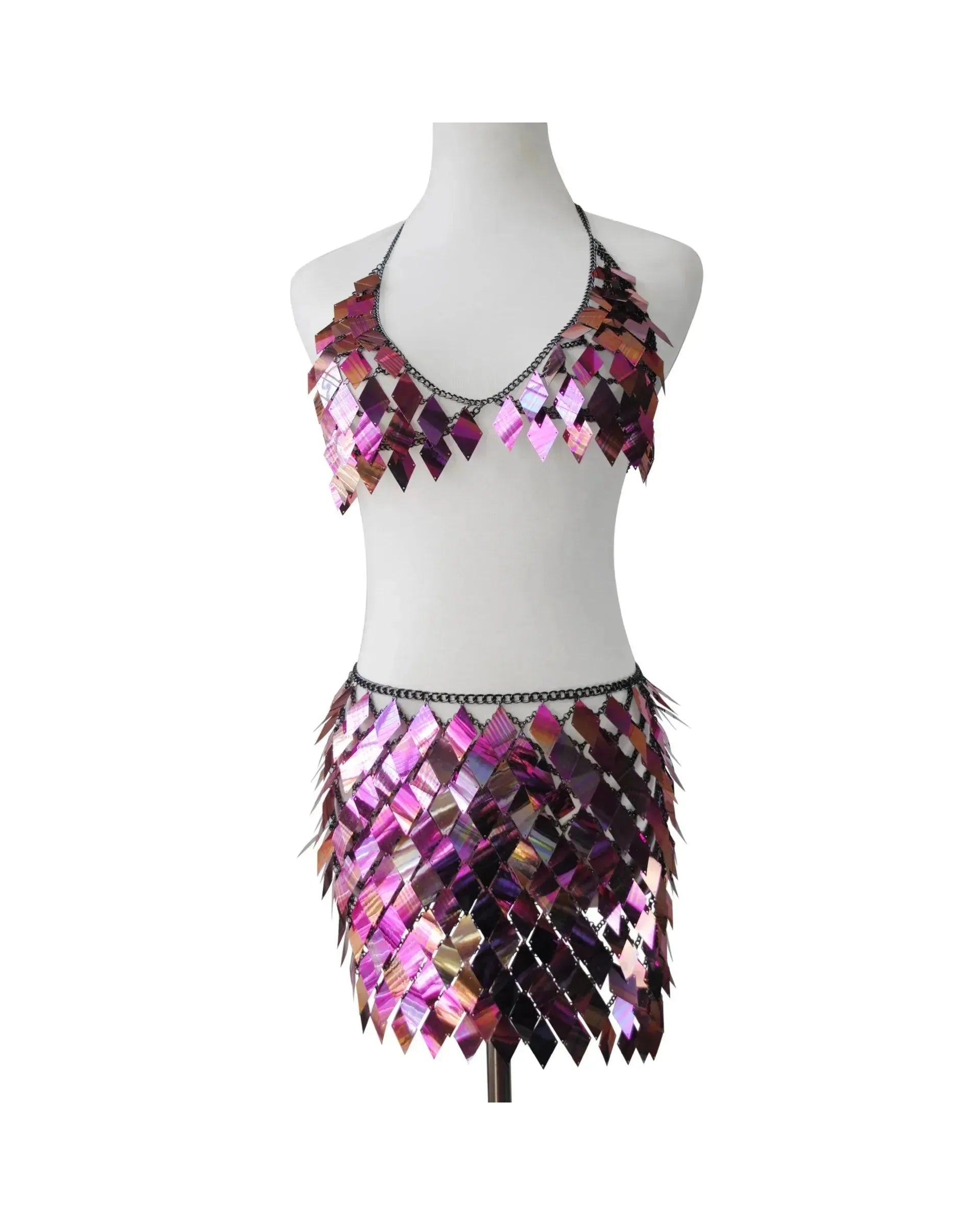 Rhombic Metal Backless Skirt and Top Set featuring vibrant sequins, perfect for festival fashion.