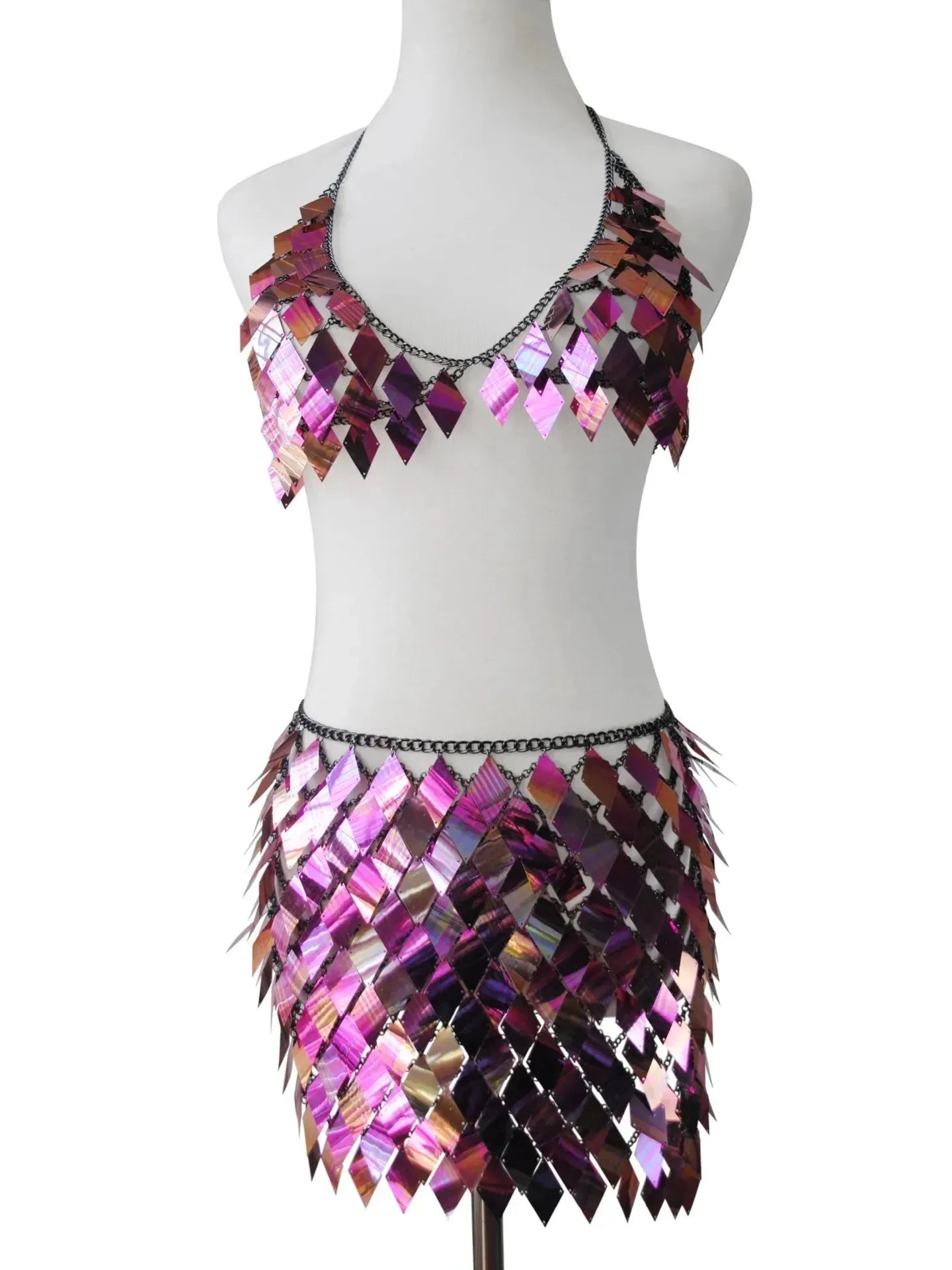 Purple Rhombic Metal Backless Skirt and Top Set