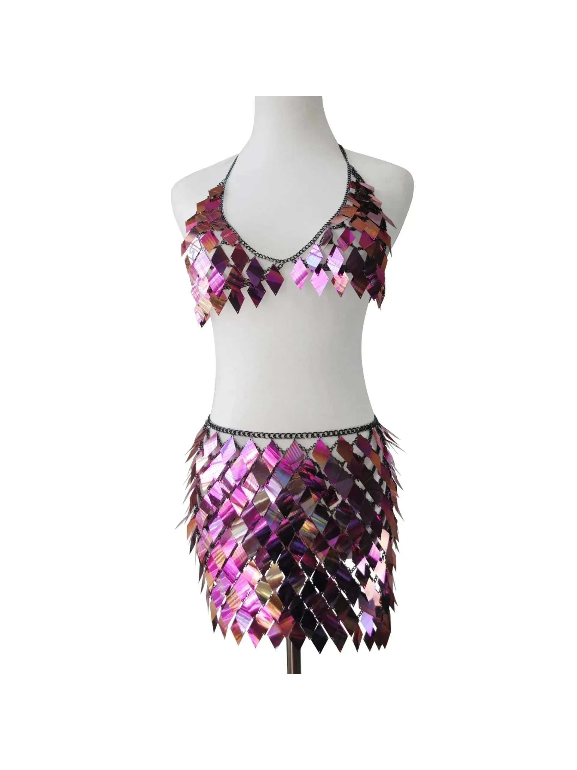 Rhombic Metal Backless Skirt and Top Set featuring vibrant sequins, perfect for festival fashion.
