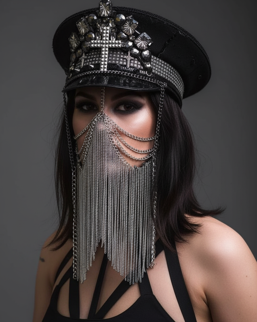 Raven Black Chain Veil Military Hat with sequins, rhinestones, studded cross, and draped silver chain face veil.