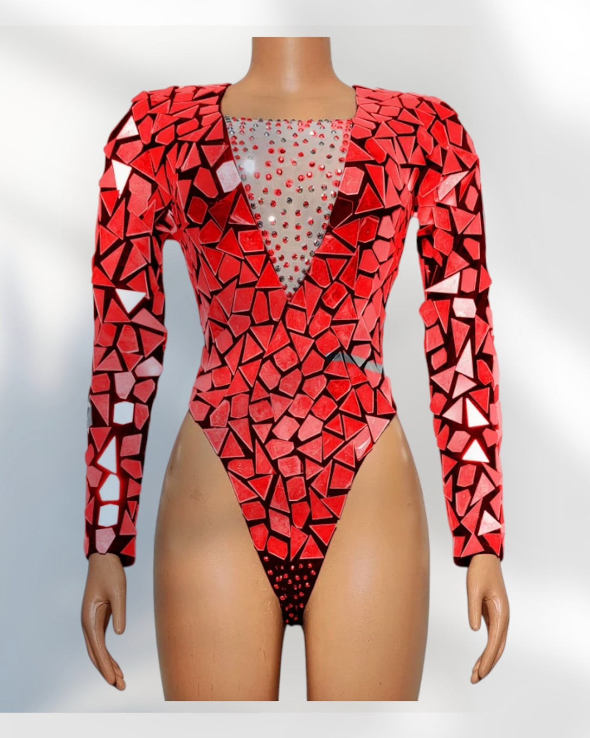 Mirror Rhinestone Bodysuit featuring vibrant red mosaic patterns and long sleeves.