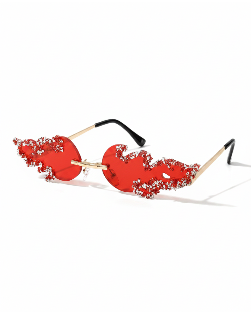 Luna Flame Crystal Rimless Sunglasses with red lenses, gold frames, and flame-shaped crystal embellishments.