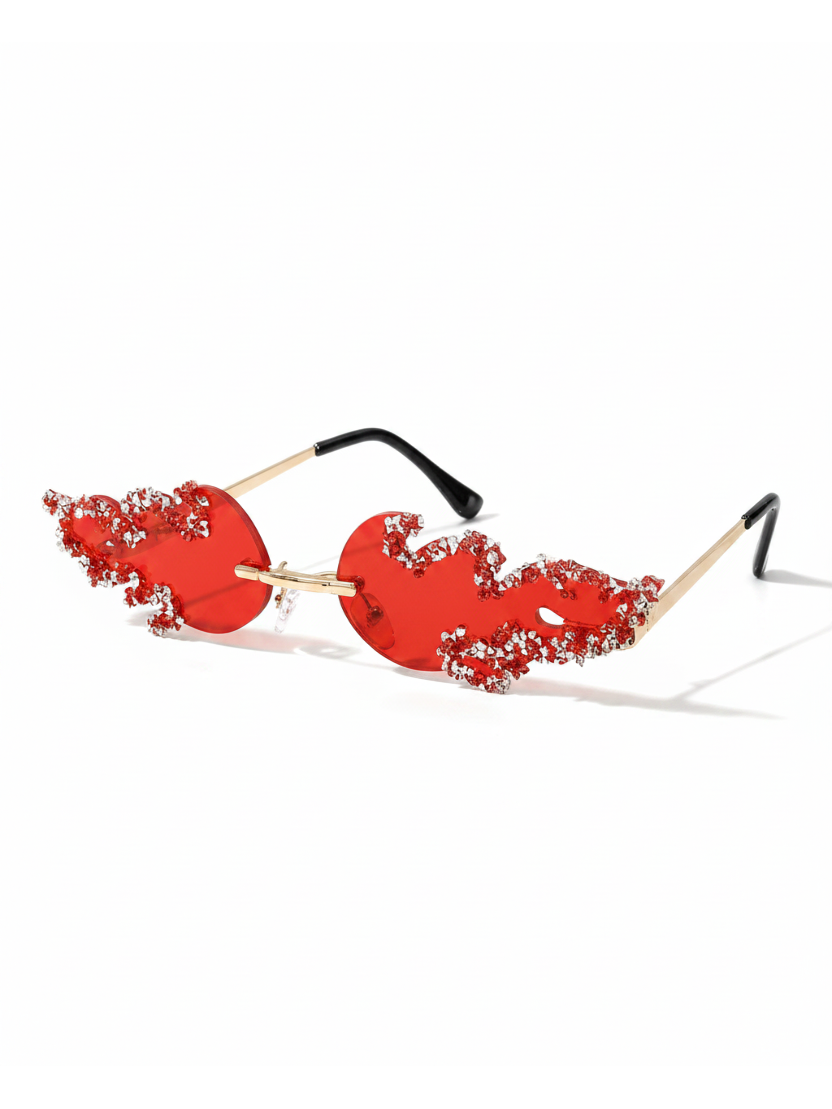 Luna Flame Crystal Rimless Sunglasses with red lenses, gold frames, and flame-shaped crystal embellishments.