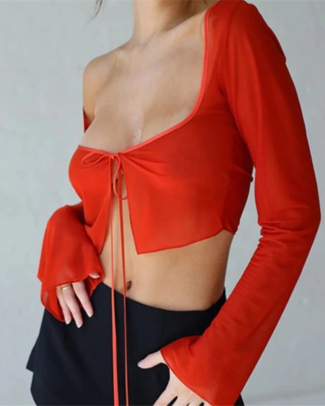 Red Mesh Lace Up Long Sleeve Crop Top
