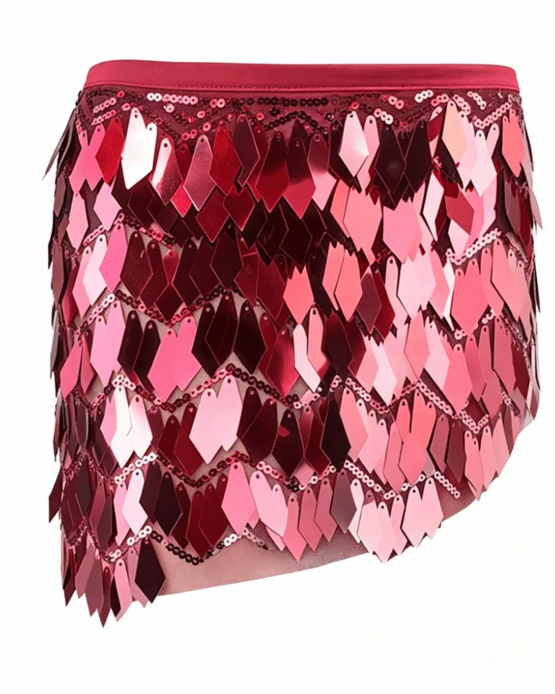 Red sequin mini skirt featuring diamond-shaped metallic scales, a comfortable elastic waistband, and delicate chain detailing.