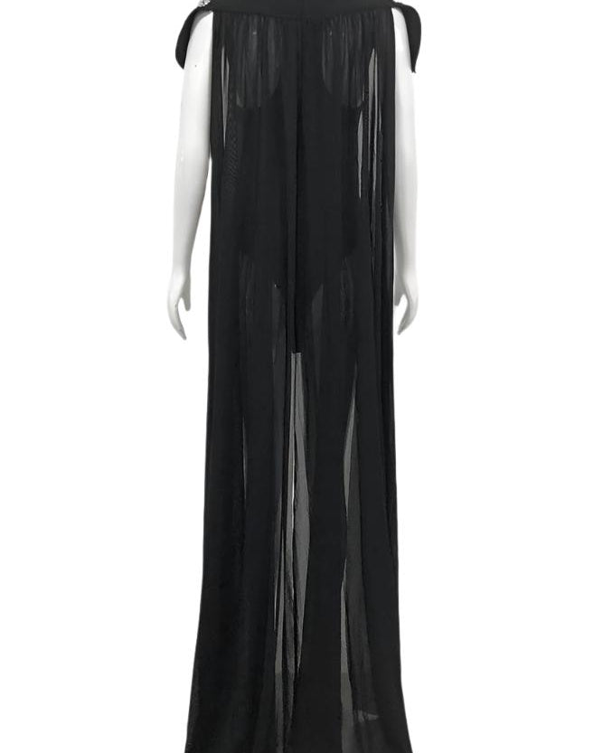 Rhinestones Bodysuit with Cape featuring a dramatic black sheer cape and rhinestone detailing.