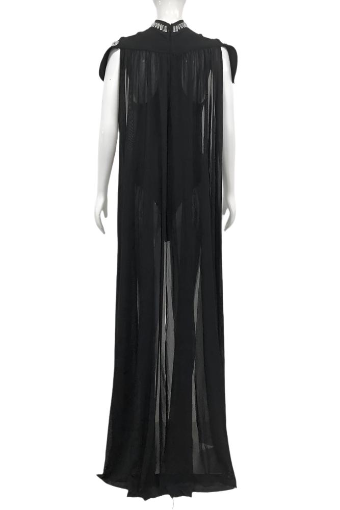 Rhinestones Bodysuit with Cape featuring a dramatic black sheer cape and rhinestone detailing.