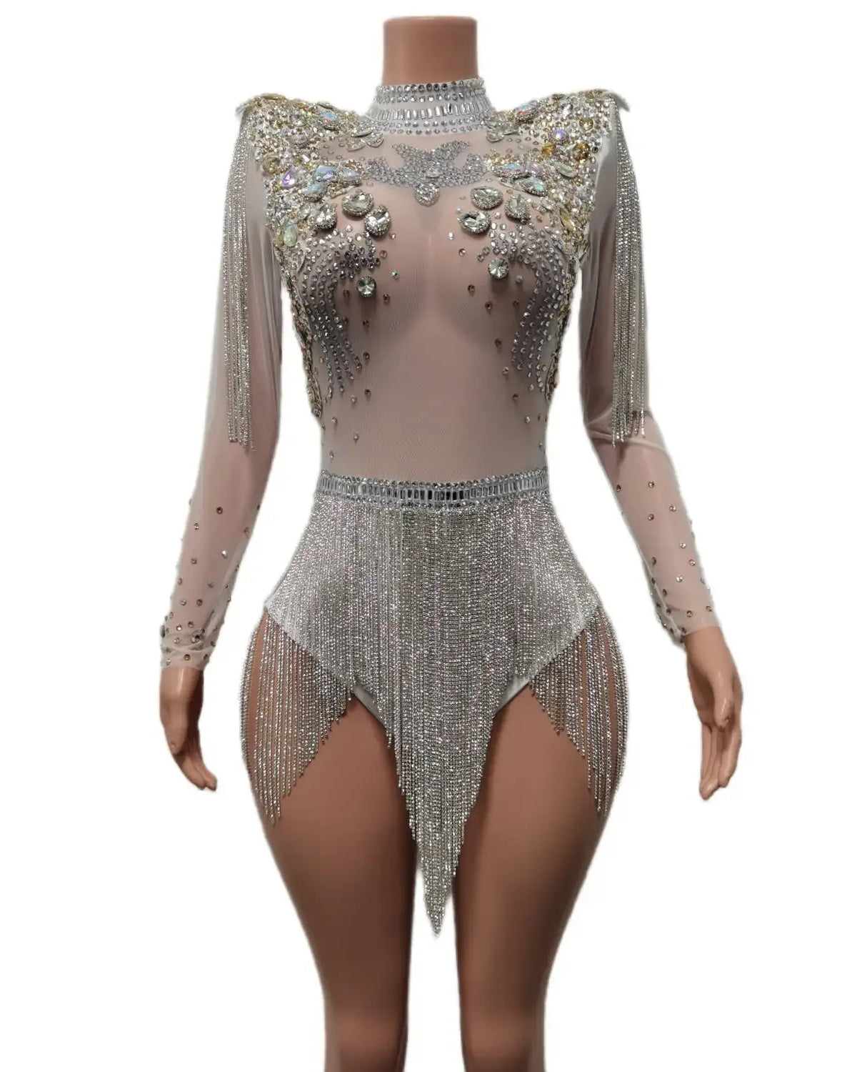 Rhinestone Tassel Festival Bodysuit with sparkling rhinestones and flowing tassels for stunning festival style.