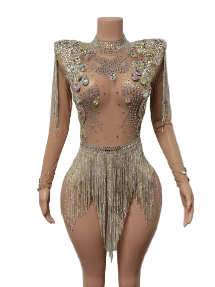 Rhinestone Tassel Festival Bodysuit featuring shimmering rhinestones and flowing tassels.