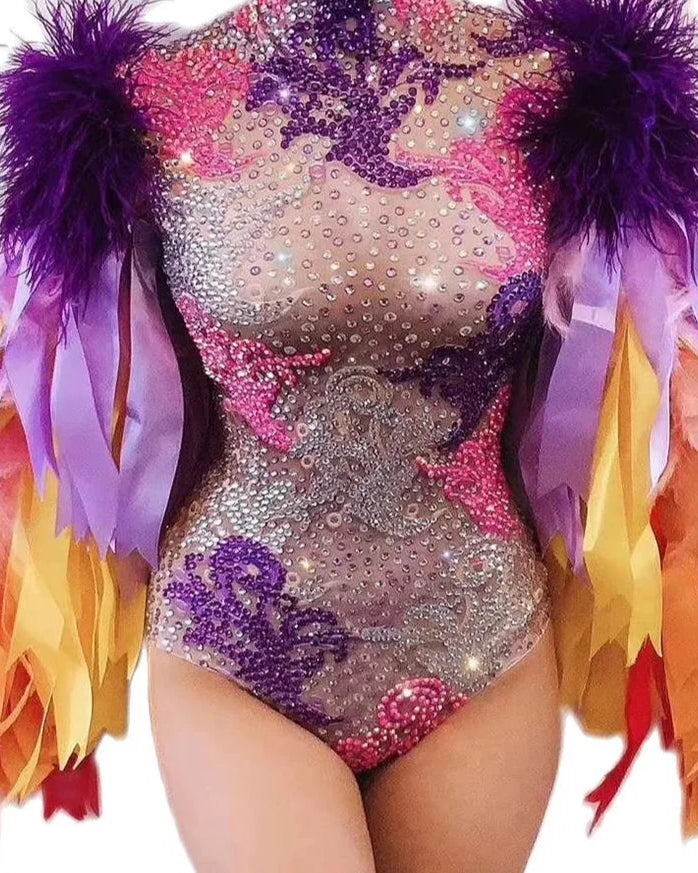 Rhinestones Colorful Bodysuit with vibrant feathers and sparkling rhinestones, perfect for festivals.