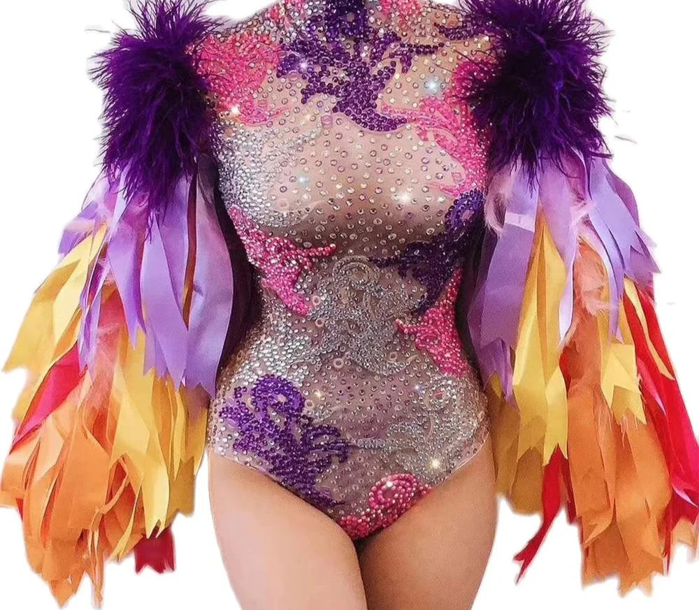 Rhinestones Colorful Bodysuit with vibrant feathers and sparkling rhinestones, perfect for festivals.