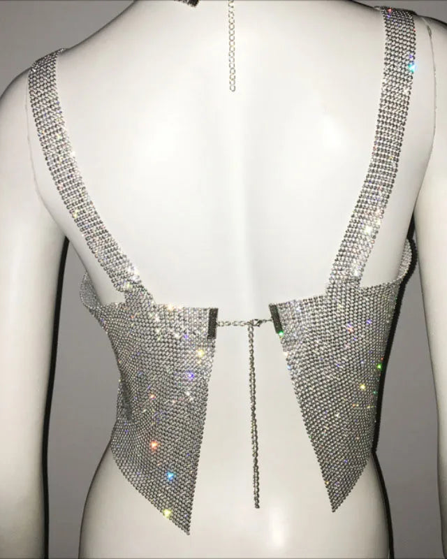 Sparkling Rhinestones Crop Top back view, perfect for festivals and parties, showcasing dazzling rhinestones.