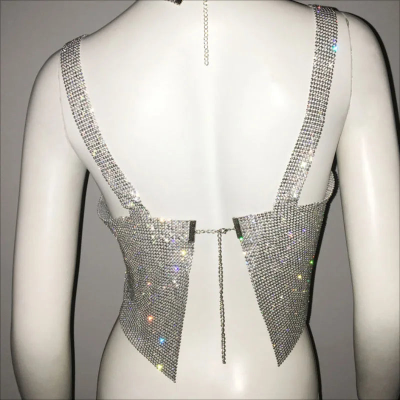 Sparkling Rhinestones Crop Top back view, perfect for festivals and parties, showcasing dazzling rhinestones.