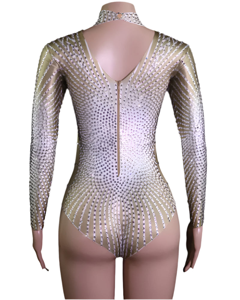 Rhinestones Long Sleeve Bodysuit with dazzling silver rhinestones and sleek silhouette on mannequin.