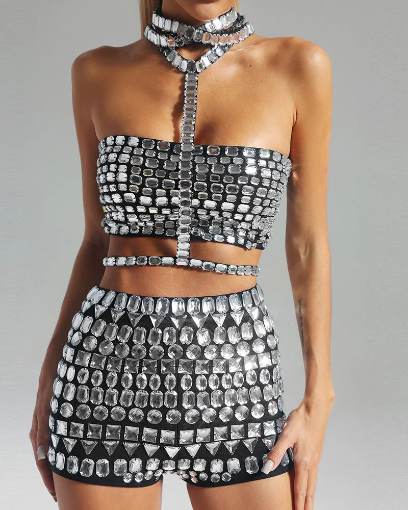 Rhinestones Strapless Top and Short featuring sparkling rhinestones and a stylish strapless design.
