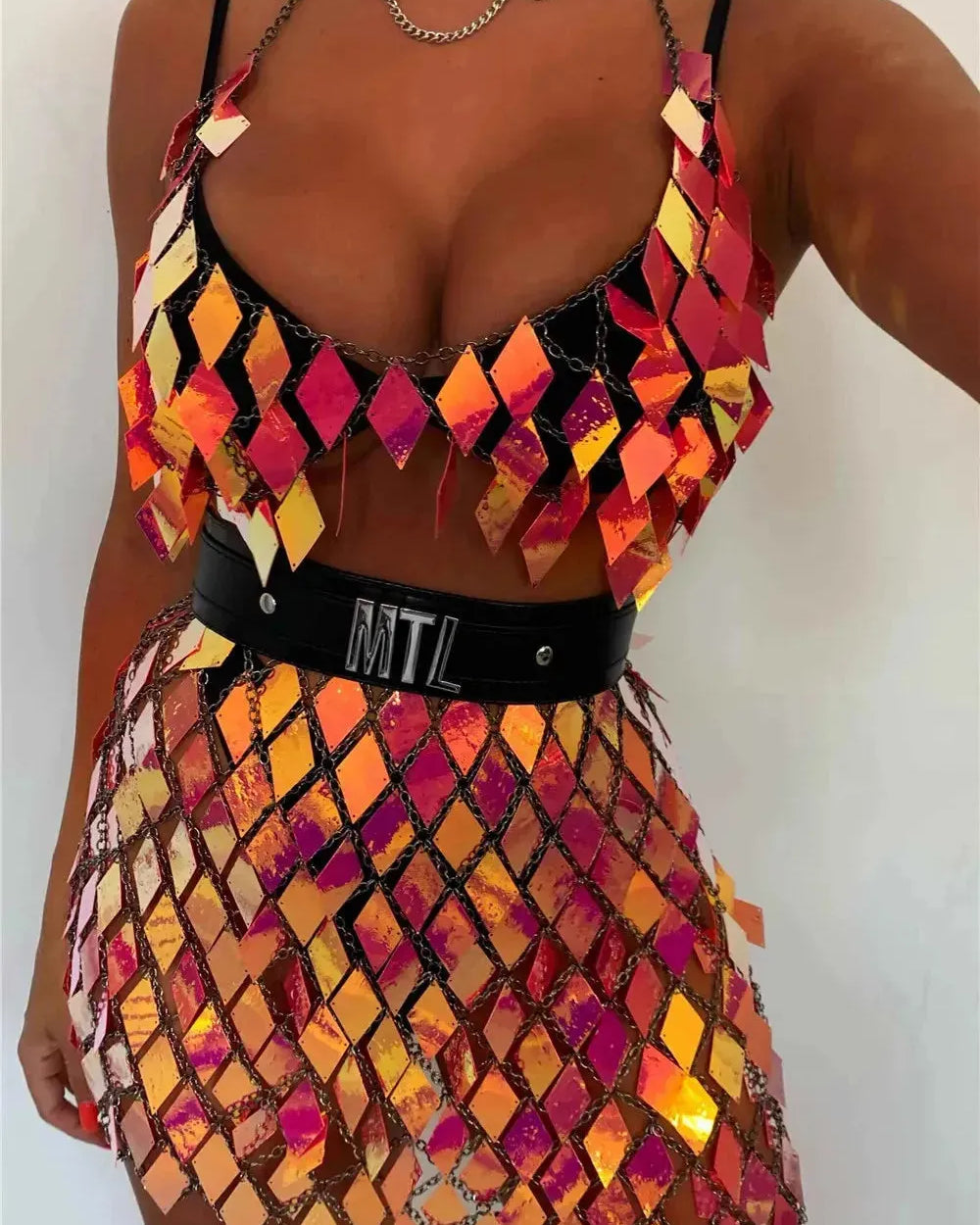 Rhombic Metal Backless Skirt and Top Set featuring vibrant sequins in warm colors for festival fashion.