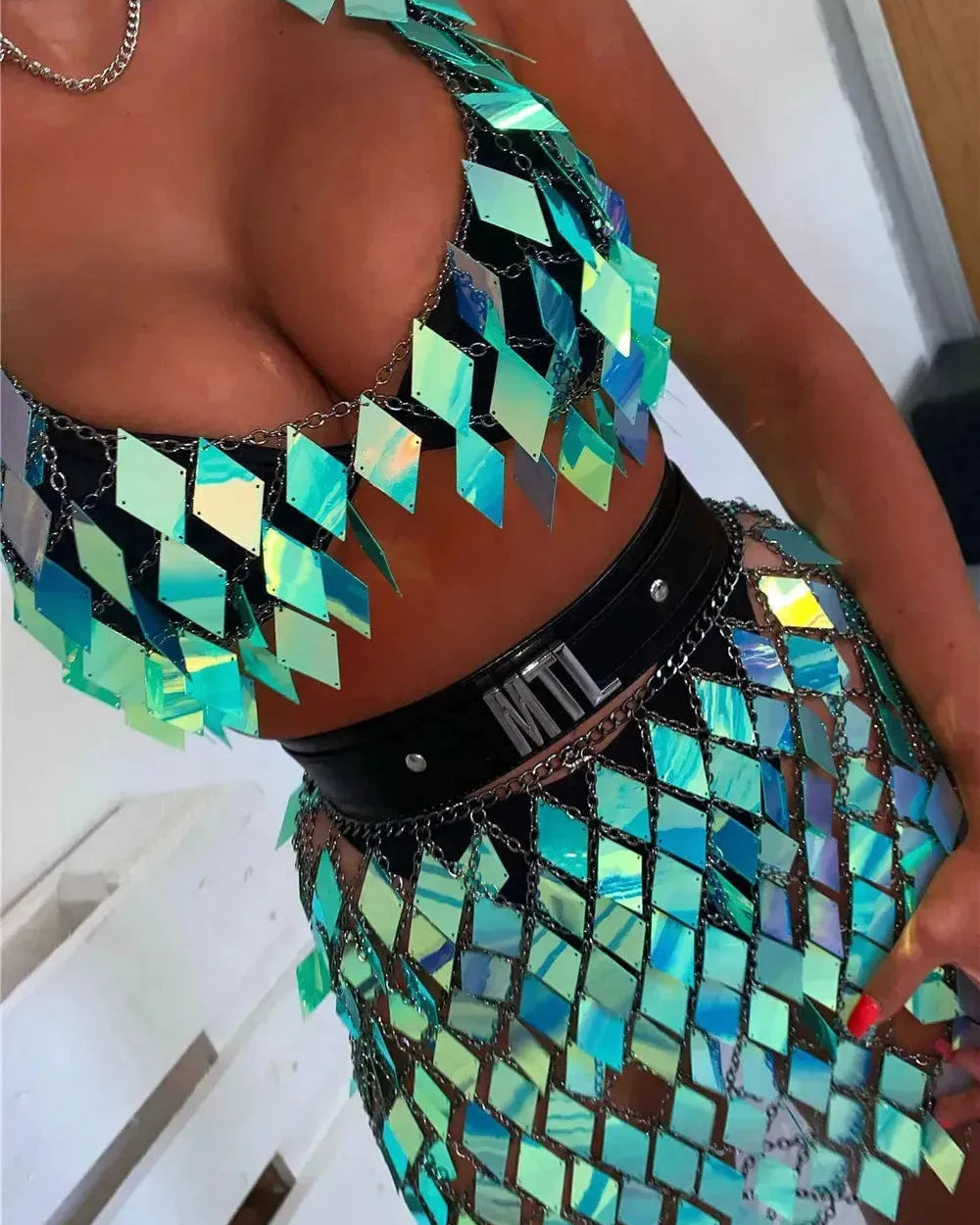 Rhombic Metal Backless Skirt and Top Set featuring iridescent sequins and chains for festival fashion.