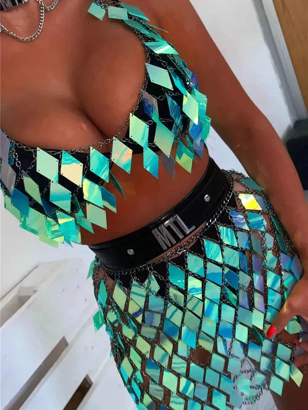 Rhombic Metal Backless Skirt and Top Set featuring iridescent sequins and chains for festival fashion.