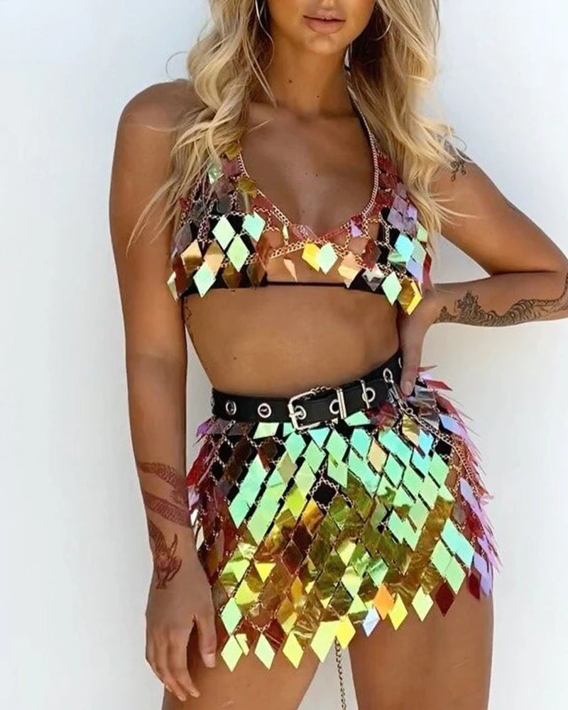 gold yellow Rhombic Metal Backless Skirt and Top Set Festival Outfit Fashion Concert Rave outfits