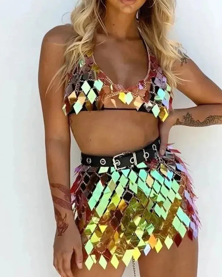Rhombic Metal Backless Skirt and Top Set featuring sequin design for vibrant festival fashion.