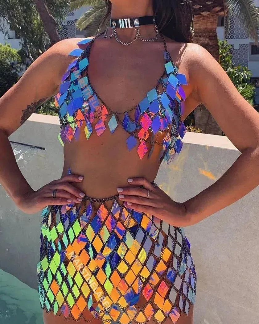 Rhombic Metal Backless Skirt and Top Set with colorful sequin details, perfect for festival fashion.
