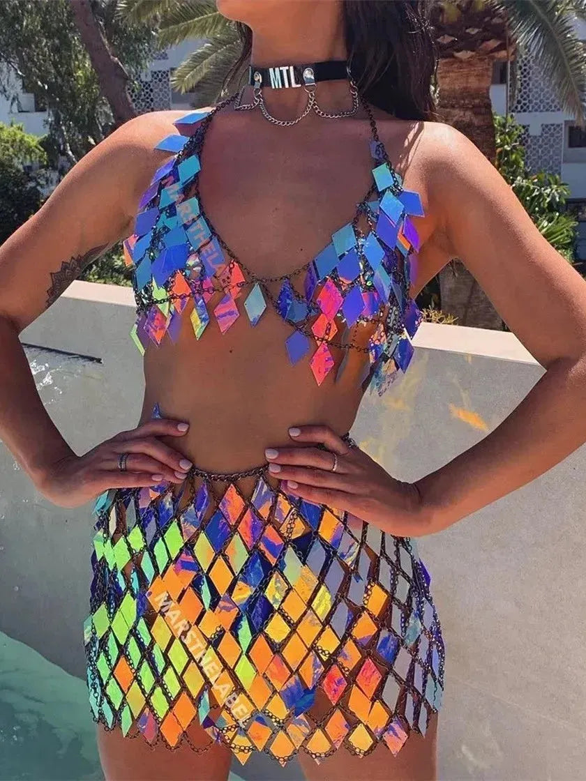 Rhombic Metal Backless Skirt and Top Set with colorful sequin details, perfect for festival fashion.