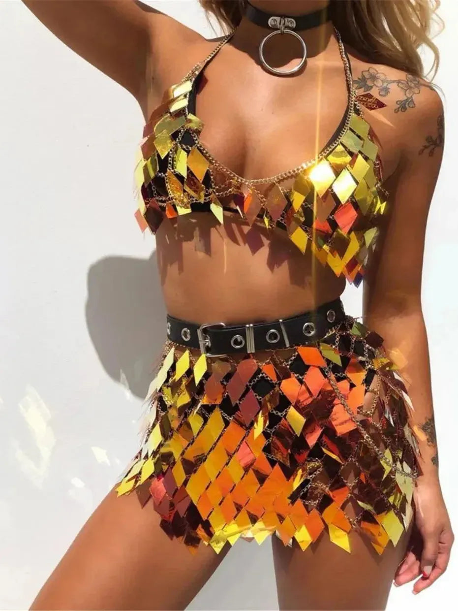Rhombic Metal Backless Skirt and Top Set featuring vibrant sequins in orange, yellow, and gold for festival fashion.